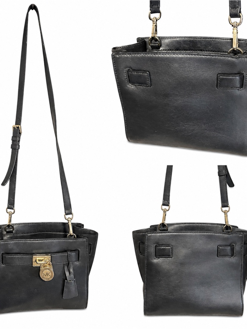 Michael Kors Hamilton Black Leather Satchel Crossbody Gold Lock & Key